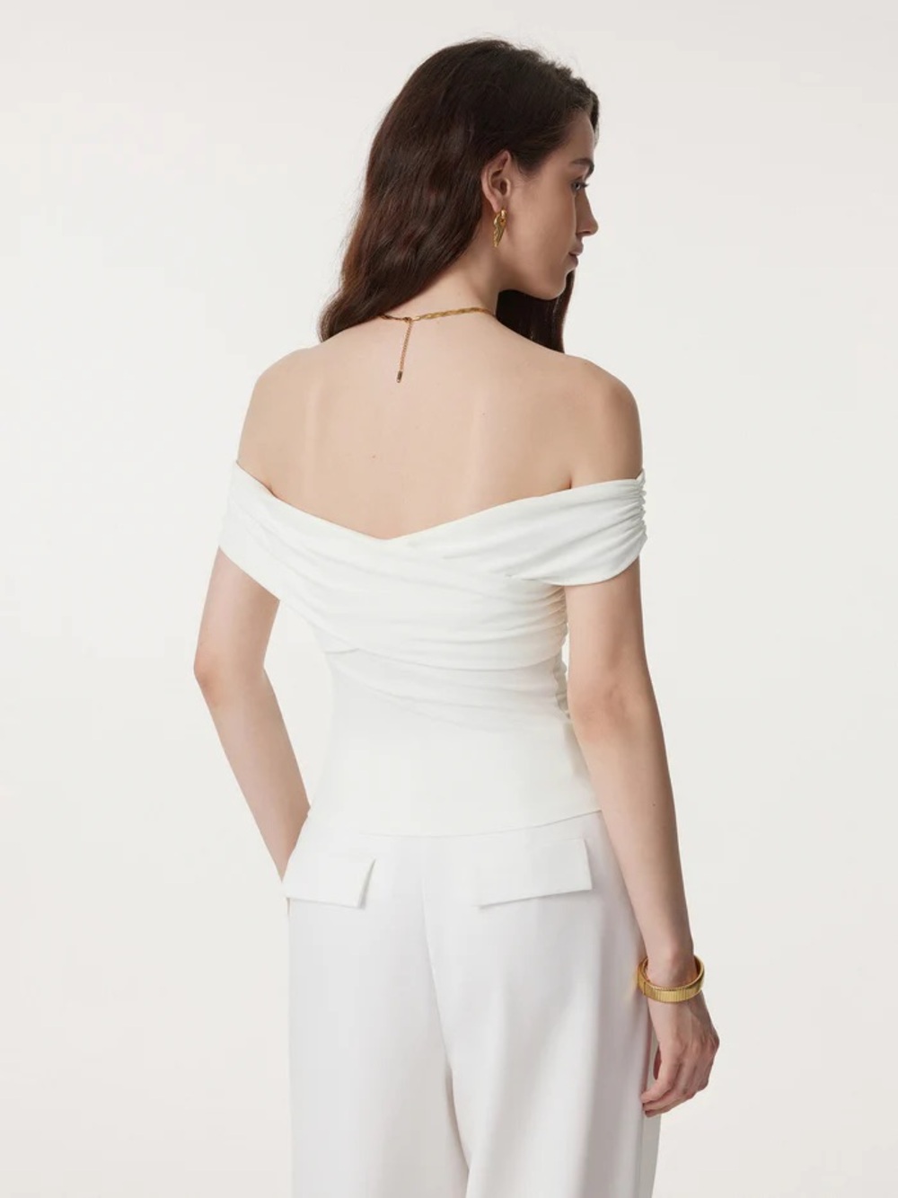 OGL Off-Shoulder White Ruched Built-In Bra Top - Picture 7 of 9